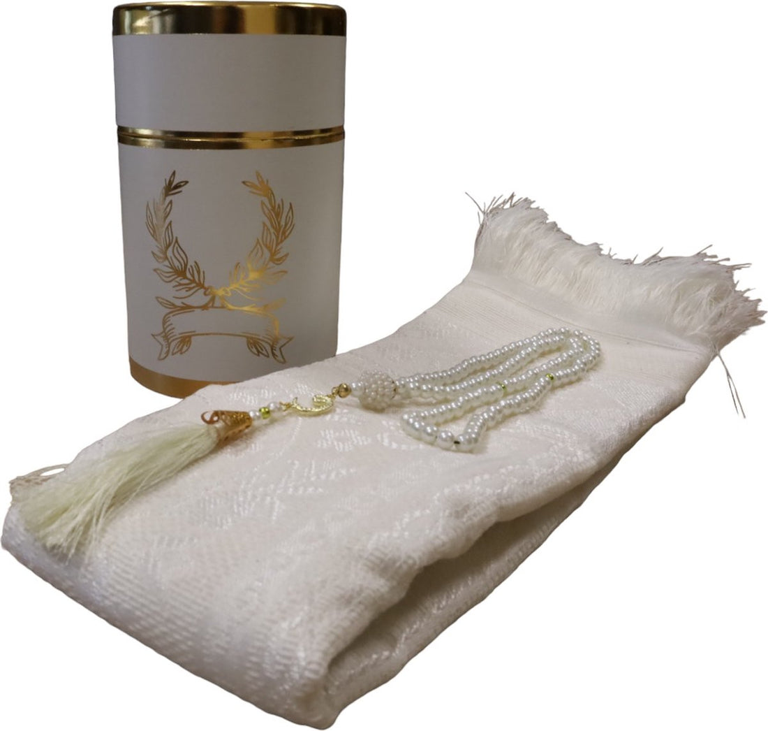 Geschenkset gebedskleed met tasbeeh – in ronde cadeaubox met gouden rand – foto 6