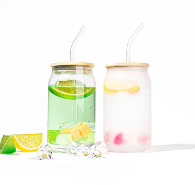 Nachhaltige Gläser mit Bambusdeckeln und Glasstrohhalmen – 2er-Set – Inkl. Reinigungsbürsten – Geeignet für Eiskaffee & Bubble Tea