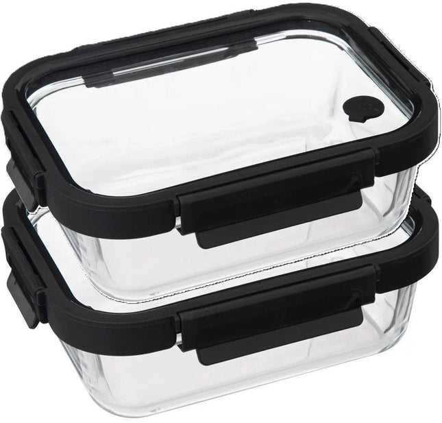 5Five Food storage container with lid - 2x - glass - airtight - with clips - 21 x 17 x 7 cm - 900 ml - black / transparent