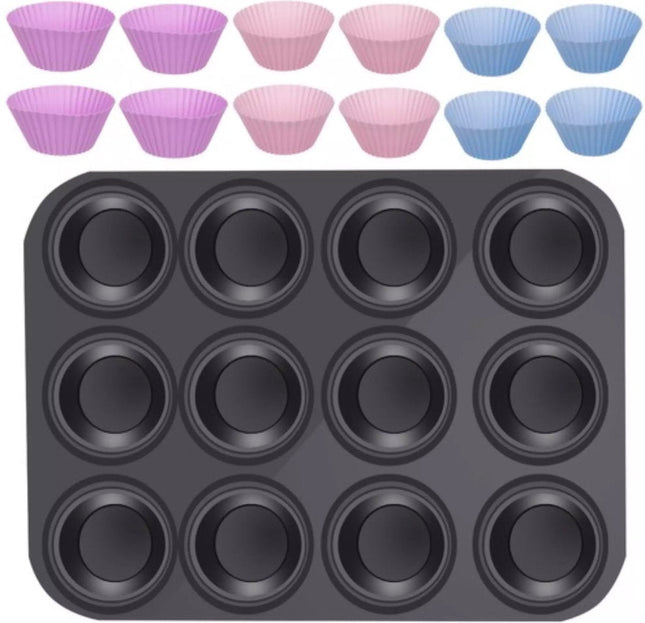 Ruhhy Baking Tray with 12 Silicone Muffin Cups - Ideal for Home Bakers