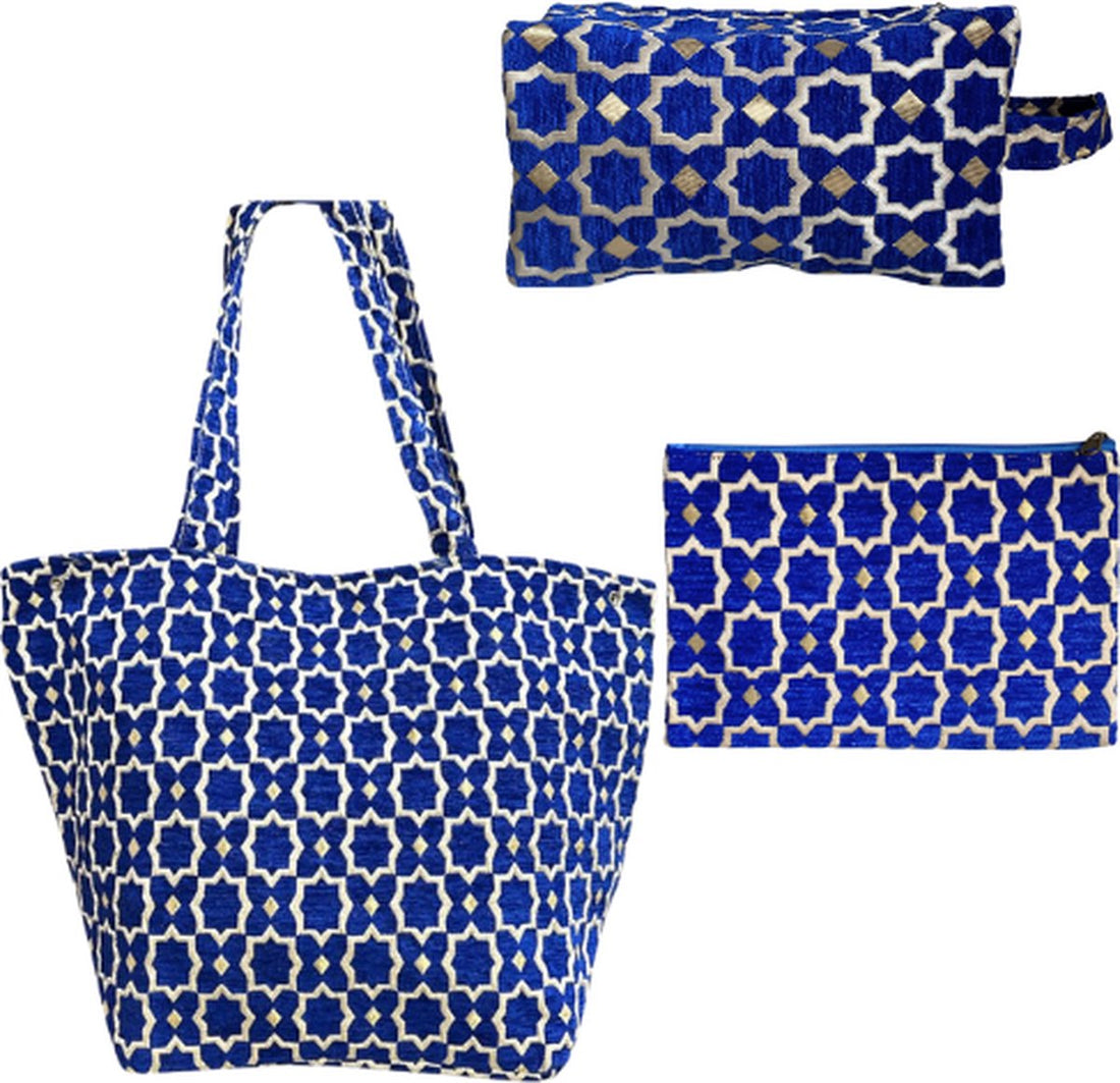 Ensemble de 3 sacs marocains artisanaux de luxe - Cabas, trousse de toilette & trousse de maquillage avec motifs zellige et géométriques - Bleu