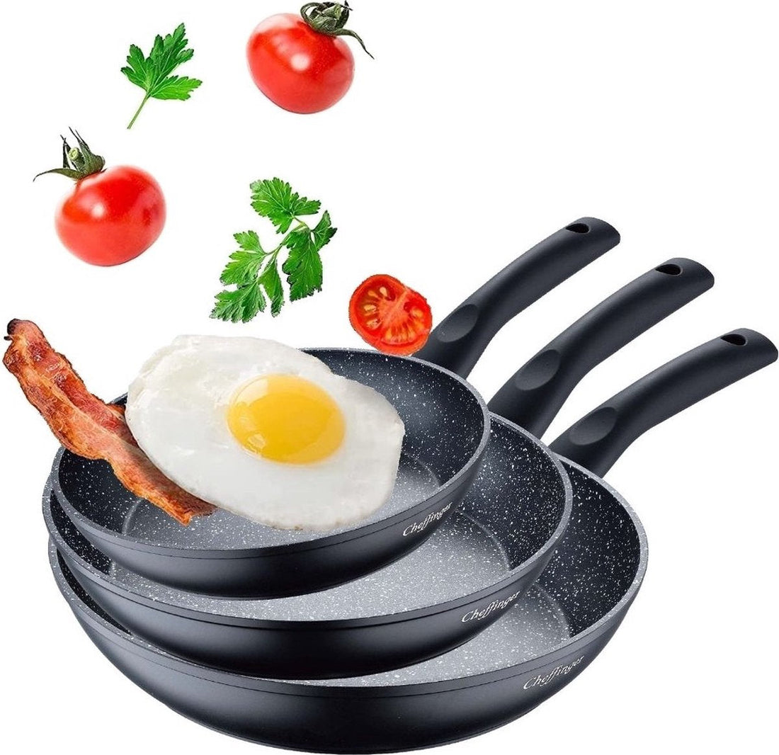 Cheffinger 3-teiliges Pfannenset - Marmorbeschichtung - Spülmaschinenfest