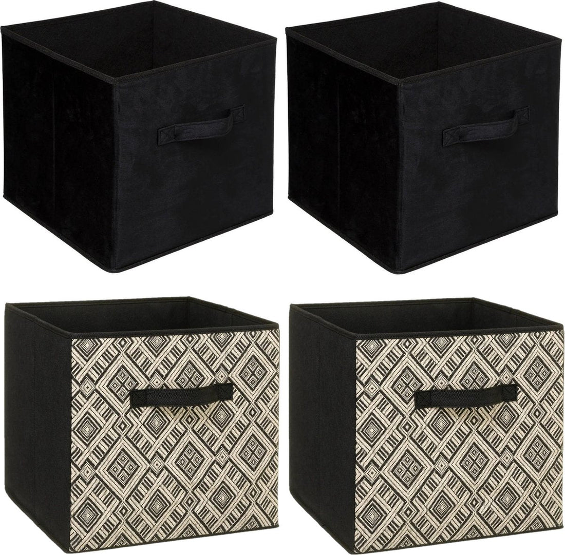 Set of 4 storage baskets/cupboard baskets 29 liters black/cream polyester 31 x 31 x 31 cm - Storage boxes - Cube storage baskets
