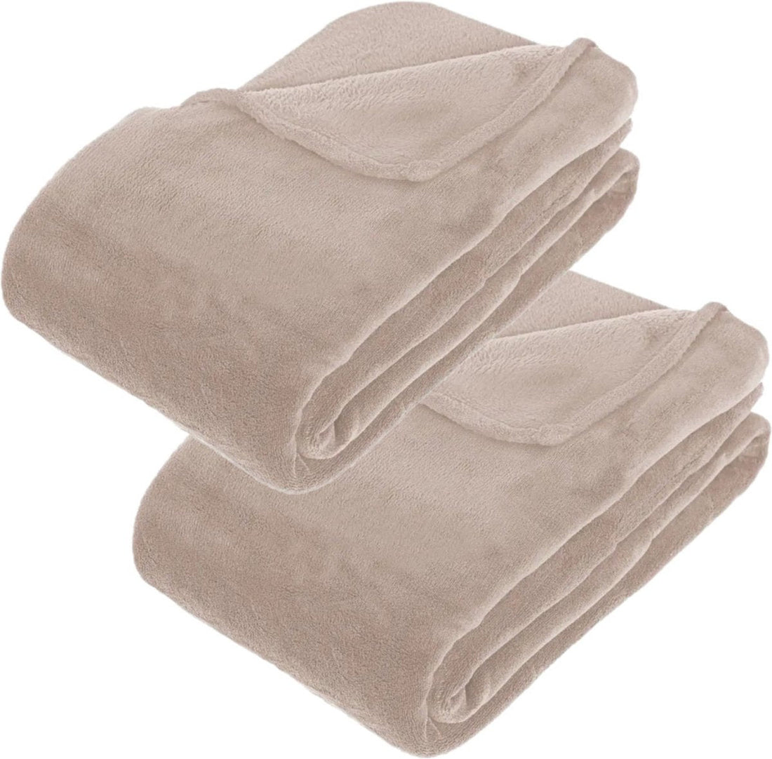 Atmosphera fleece blanket or faux fur throw - 2x - beige - 180 x 230 cm - polyester - Sofa throw - Extra large fleece throw