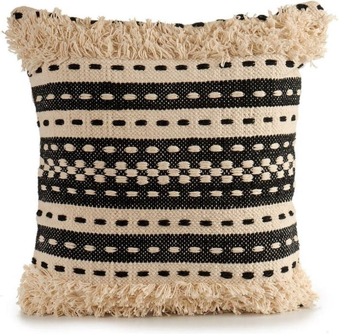 Decorative beige knitted cushion with cotton motifs in beige and black. Dimensions 45 x 15 x 45 cm