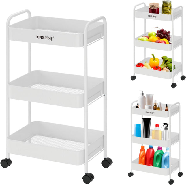 Kinghoff KH-1942 Chariot de rangement mobile à 3 niveaux - Desserte à roulettes - Blanc - Organisateur de salle de bain - Organisateur de cuisine