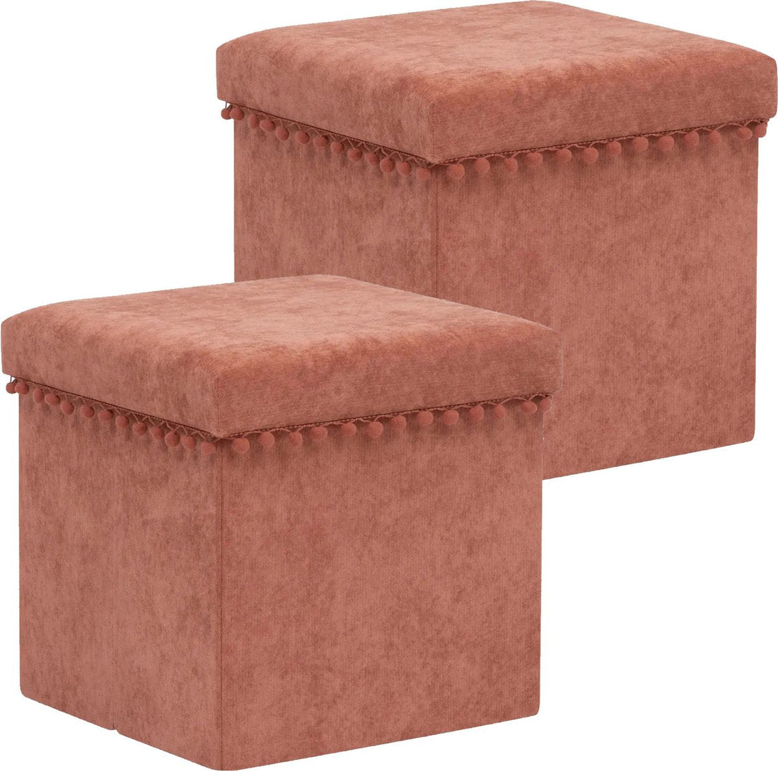 Atmosphera Arabic Pouffe/Stool/Ottoman - 2x - Foldable storage seat box - Stone red velvet - D38 x H38 cm - MDF/polyester