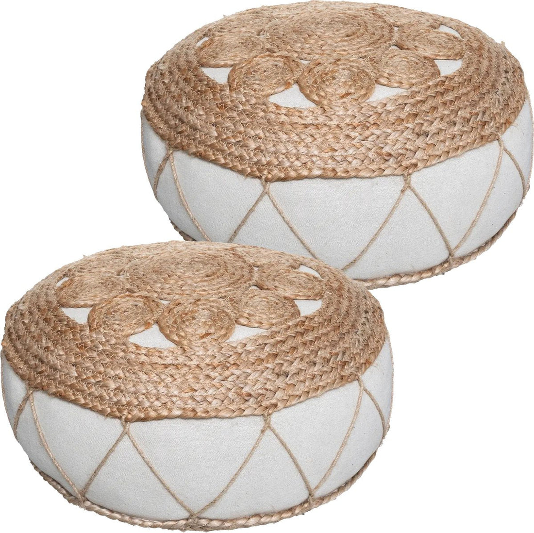 Atmosphera Rituals Floor Cushion - 2x - beige - jute/cotton - 43 x 18 cm - Extra thick round floor seat cushion/mattress cushion - Low pouf