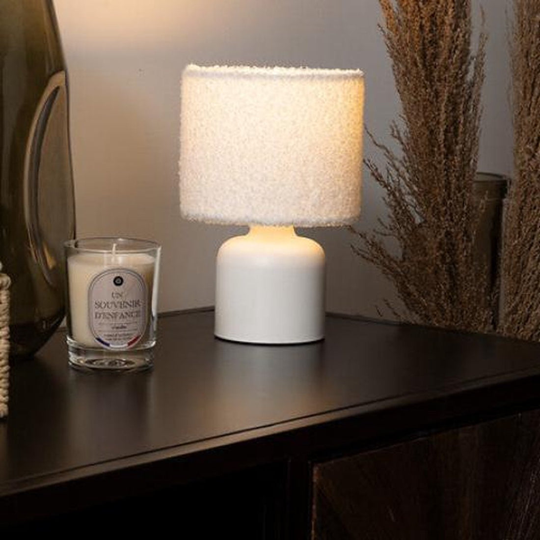 Atmosphera Bona bouclé table lamp - Ø14xH22 cm - White