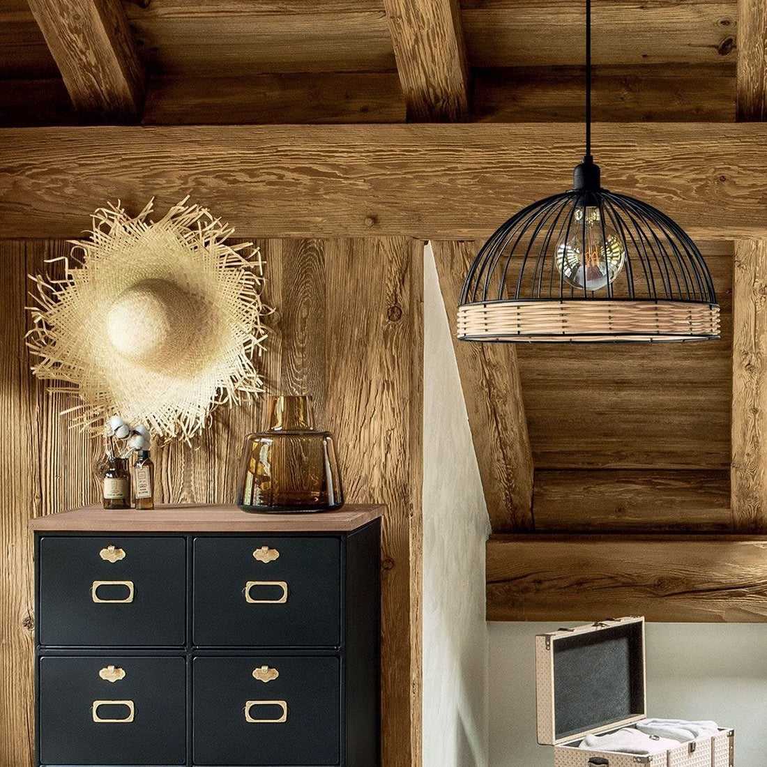 Atmosphera Sphera rotan hanglamp met zwart metaal – Ø 35 cm, E27