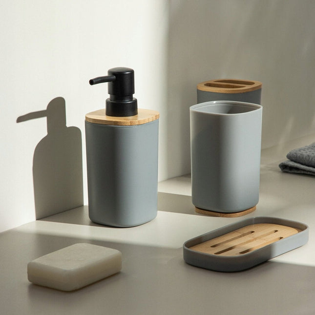 Homla - Tula Bathroom Accessory Set - 4-Piece Bathroom Accessories Set - Bathroom Set - Modern Bathroom Accessories - Soap Dispenser with Bamboo - Bathroom Tumbler - Toothbrush Holder - Soap Dish - Grey
