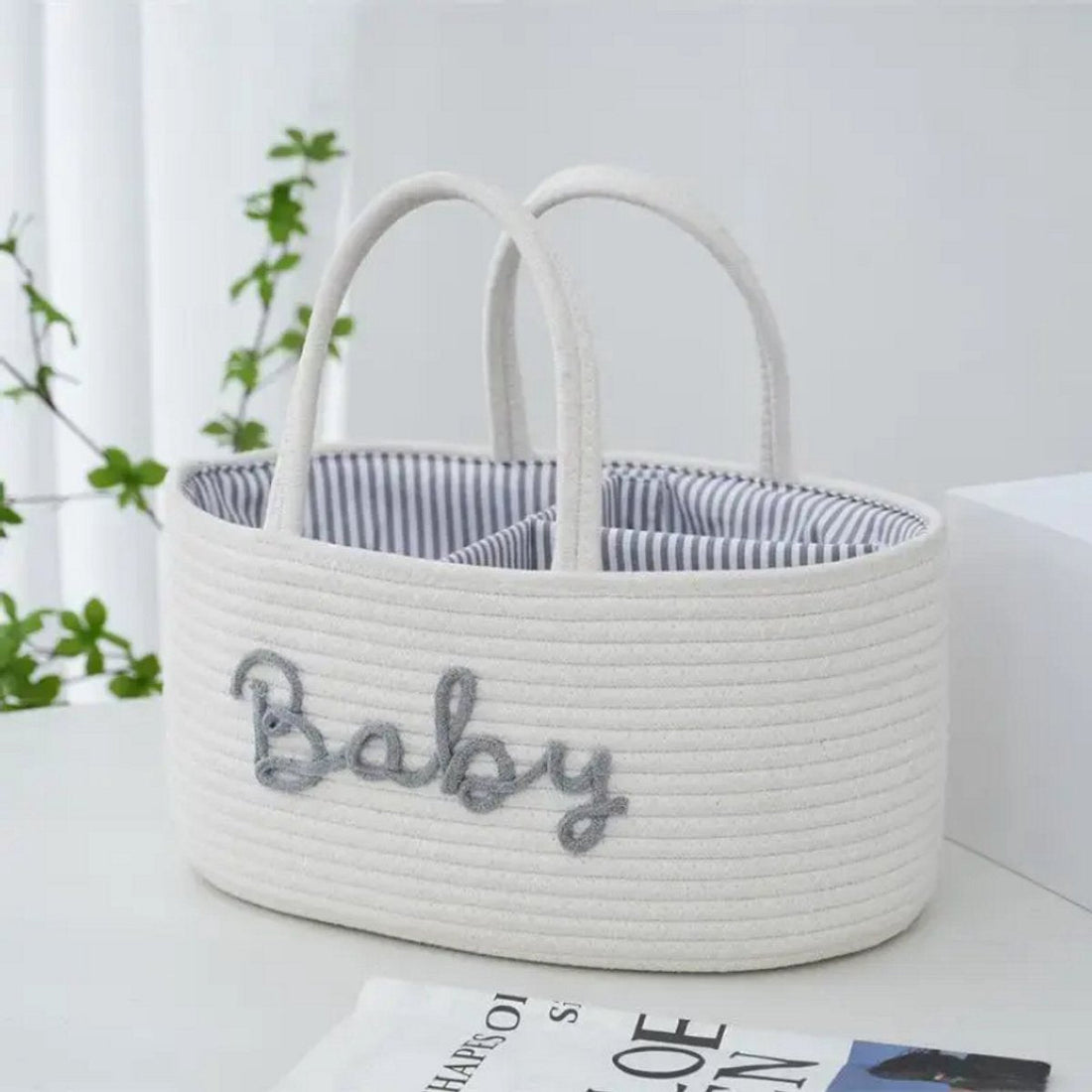 Baby Diaper Basket for Changing Table – Storage Basket with 3 Compartments & Handles – White with Gray "Baby" Letters – Organizer for Diapers, Wipes and Accessories - Diaper Bag Changing Basket - Baby Organizer