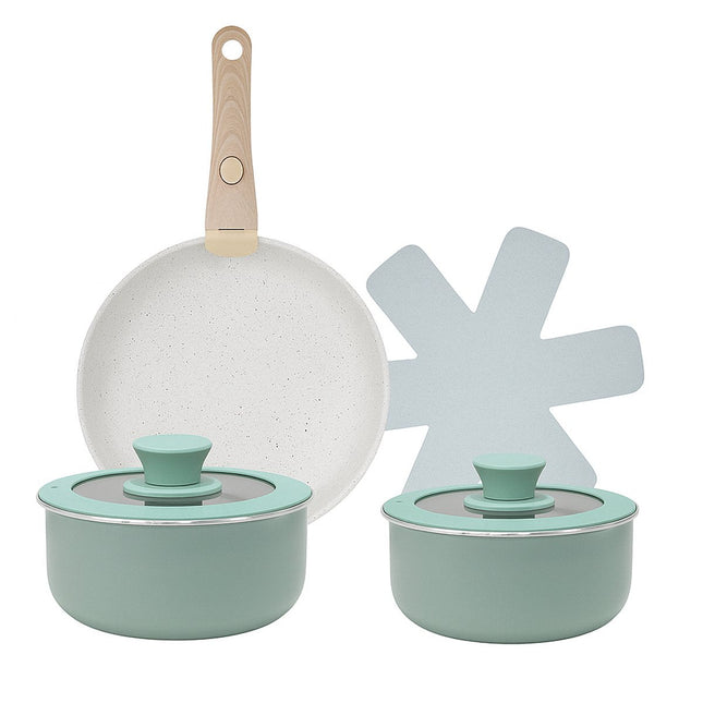 8-delige pannenset mintgroen – afneembare houten handgreep, ook inductie