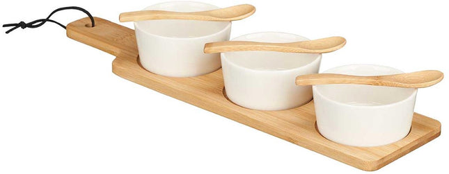 Kinvara Serveerplank set schaaltje / kommetje - 7 delig - porselein / bamboe - 3 lepeltjes - borrelen