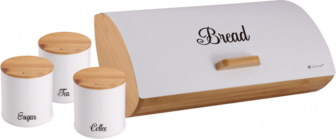 Kassel 93515 - Bread bin with 3 storage canisters - White - Steel / bamboo