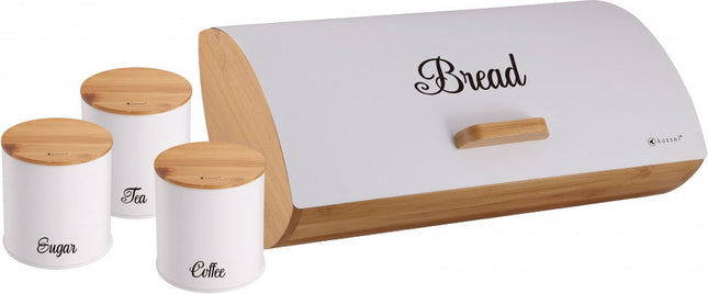 Kassel 93515 - Bread bin with 3 storage canisters - White - Steel / bamboo