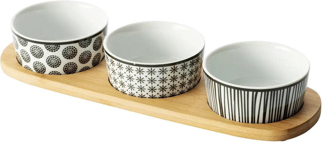 5Five Serveerplank / borrelplank hapjes / saus / tapas - aardewerk - wit - met 3x schaaltjes