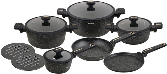 Klausberg Pfannenset 12-teilig - Schwarze Marmor-Antihaftbeschichtung - Induktionsgeeignet - Inklusive Pfannen und Deckel - KB-7966 - Pfannenset - Kochset