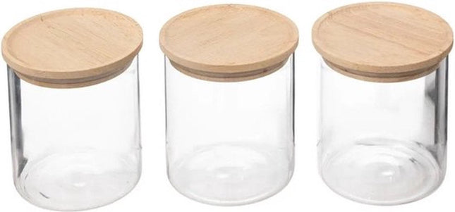 5Five Bocaux en verre 350 ml avec couvercle hermétique en bois d'hévéa - Lot de 3 - Transparent