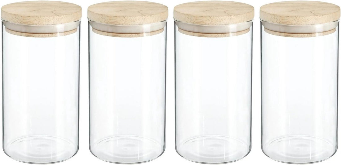 4x stuks voorraadbussen / voorraadpotten 1L glas met houten deksel - 1000 ml - Voorraadpotten met luchtdichte deksel
