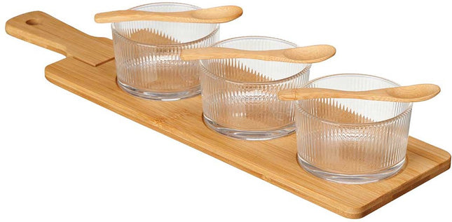 Kinvara Serveer / borrel plank set schaaltjes / kommetjes / lepeltjes - 7 delig - glas / bamboe - borrelen