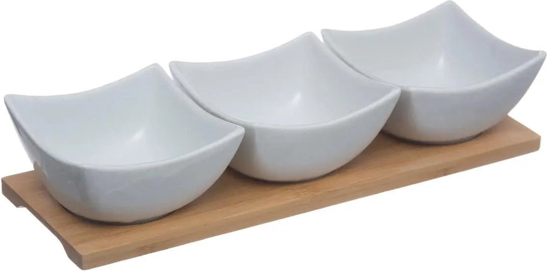 5Five serveerplank met 3 schaaltjes – borrelplank van bamboe en wit porselein