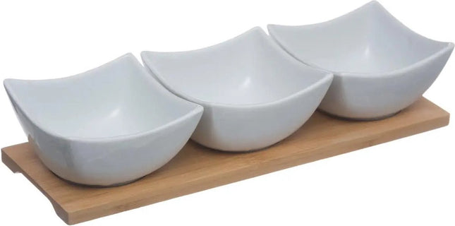 5Five serveerplank met 3 schaaltjes – borrelplank van bamboe en wit porselein