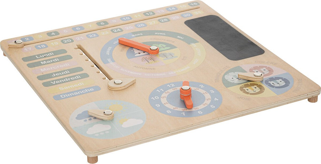 Wooden learning clock and calendar - French version - Learn days, months, weather and time - 29.5 x 29.5 cm