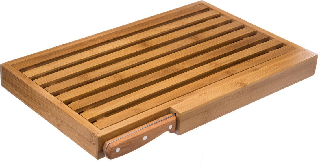 Bread cutting board with crumb tray 44 x 27 cm made of bamboo wood including bread knife - Serving board - Bread board