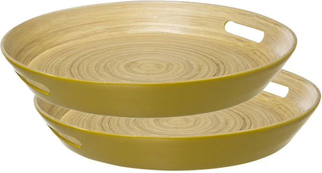 5Five Tray / serving tray round - 2 pieces - D42 cm - bamboo wood - ochre yellow - with handles - Trays