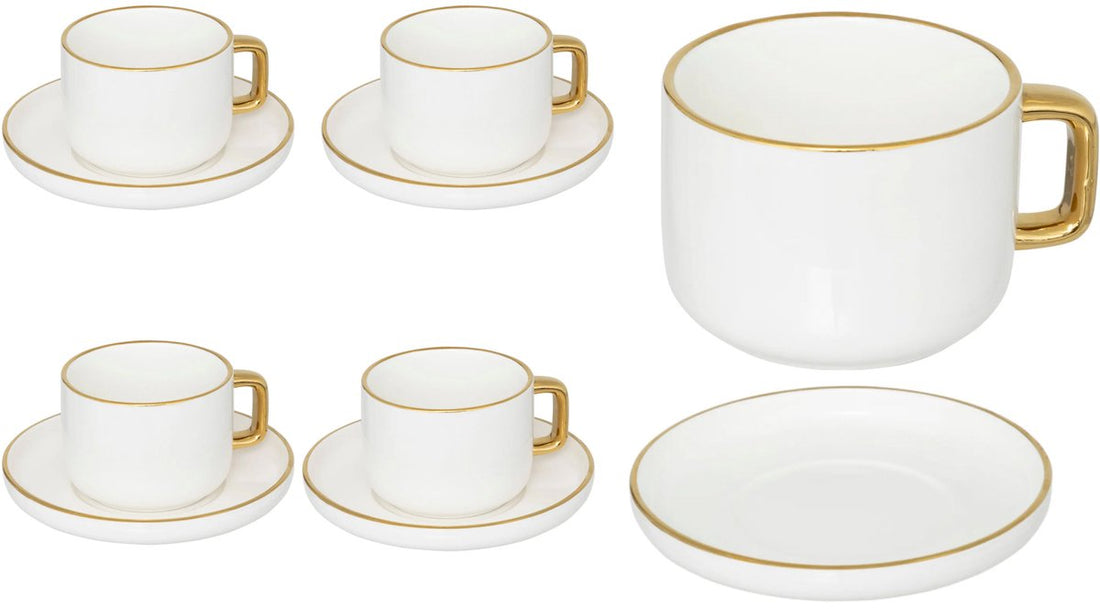 Porseleinen koffiekop en schotel 25 cl – wit met goudkleurige rand, set van 6