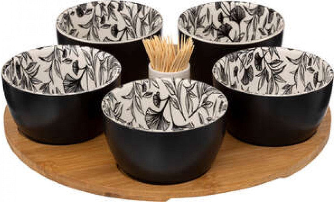 Set apéritif noir avec fleur. 28 cm Secret de gourmet