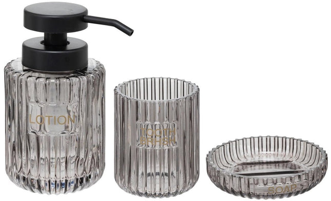 Badezimmer-Accessoires 3-teiliges Set – Graues Glas – Seifenschale, Zahnbürstenhalter & Seifenspender – Modernes Design