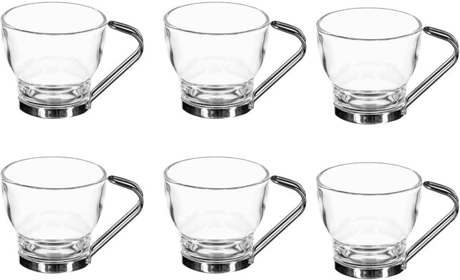 Set of 6 Mugs - 11 cl Glass and Metal - Durable and Stylish - Ideal Gift for Coffee and Tea Lovers