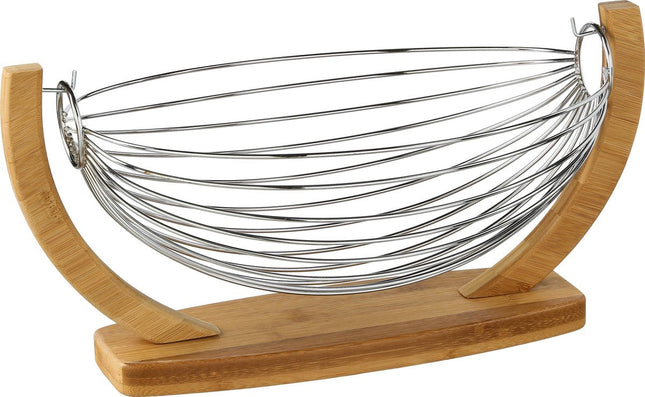 Obstschale / Obstkorb hängend mit Holz- / Metallfuß 36 x 21 x 18 cm - Obstschalen / Obstkörbe - Drahtkorb aus Metall