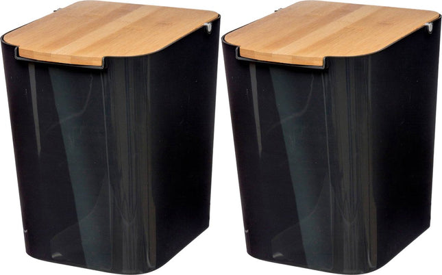 5Five waste bin / trash can - 2x pieces - 5 liters - bamboo - black / light brown - 24 x 19 cm - bathroom