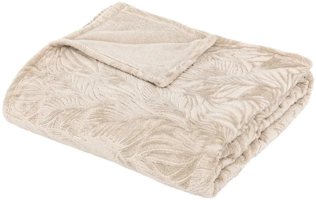 Atmosphera fleece plaid beige met palmbladpatroon – deken 180 x 230 cm