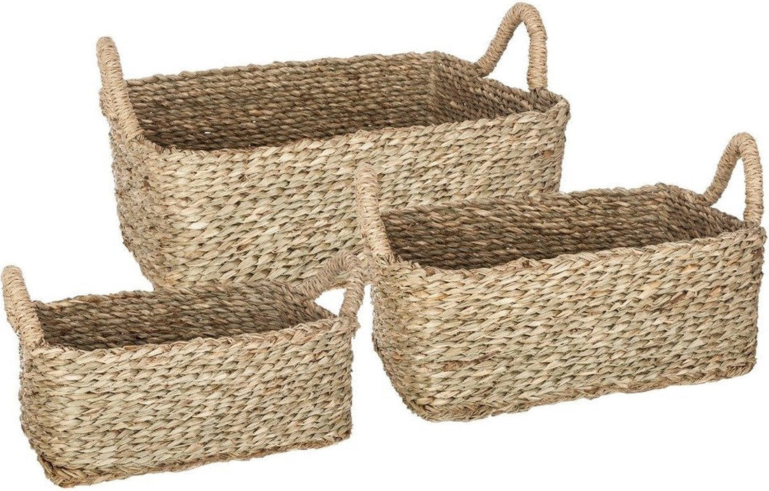 Set of three rectangular decorative baskets with handles, 3 sizes