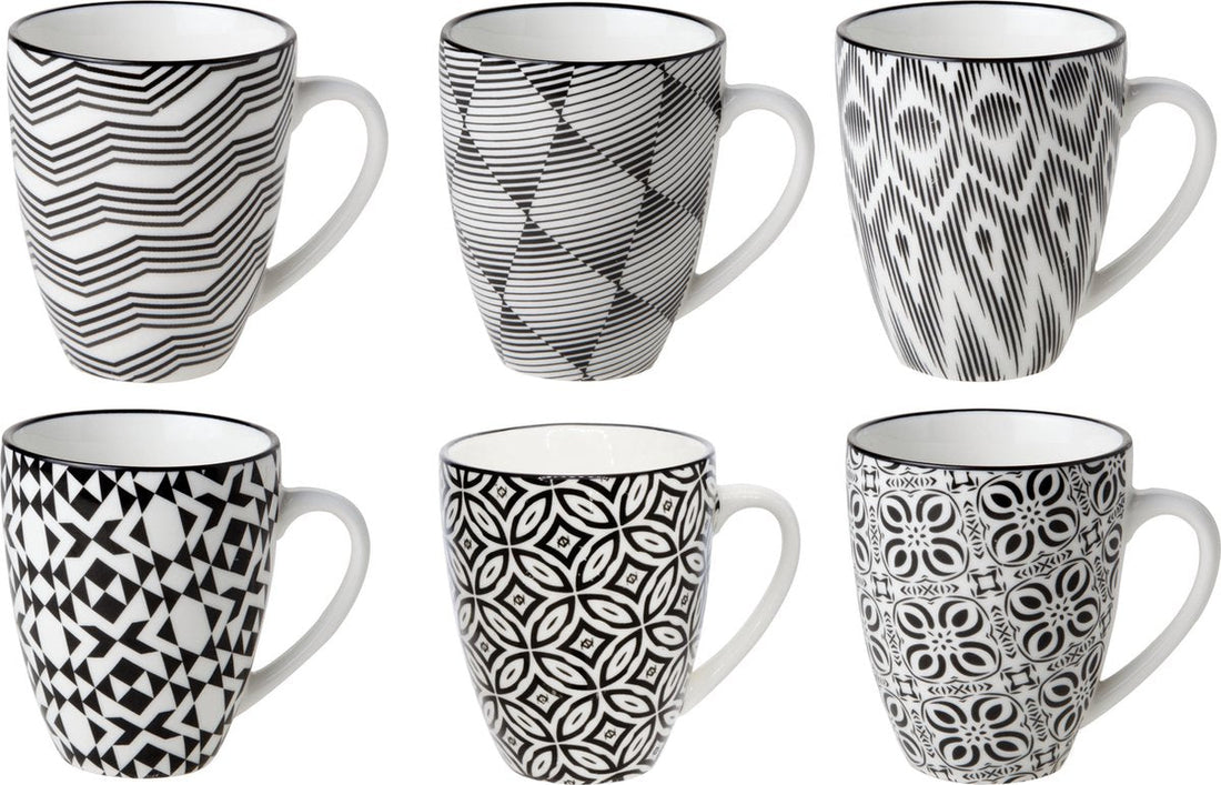 Cosy & Trendy Nikko cups/mugs - set of 12 pieces - black/white - 19 cl - coffee cups - tea cups - coffee/tea mugs