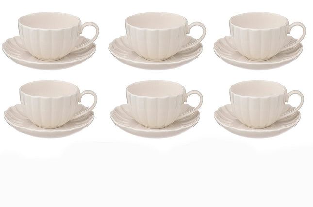 Witte porseleinen koffiekopjes met schotel – set van 6, 22 cl, geribbeld