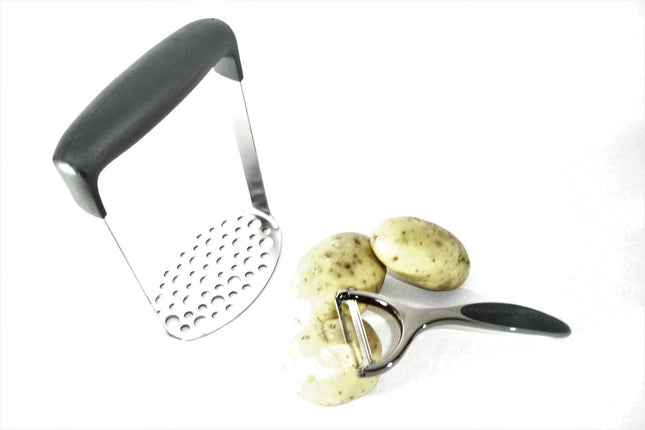 Kinghoff aardappelstamper en dunschiller – RVS pureestamper, antislipgreep