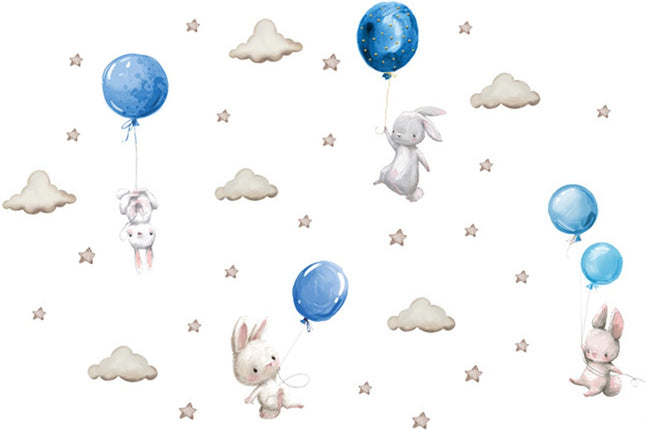 Wandsticker konijntjes met ballonnen blauw – kinderkamer, 76 x 115 cm