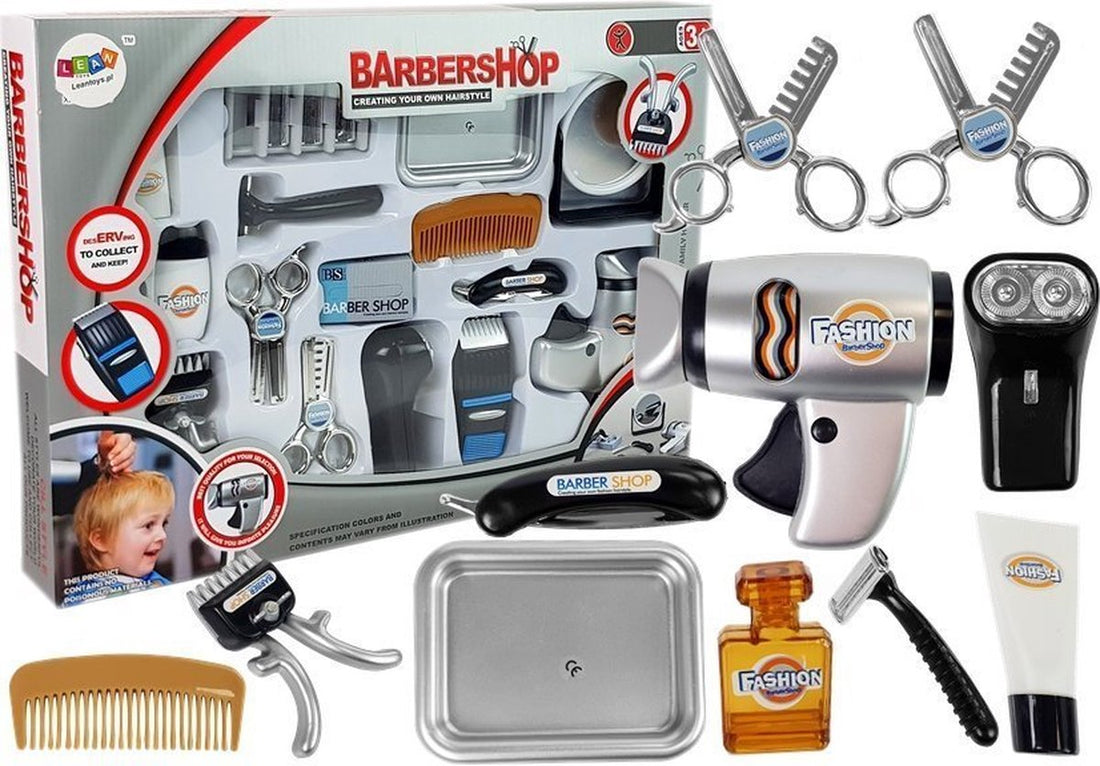 Barbershop toy hairdresser set with hairdryer, hair clippers and accessories - For boys and girls - Toy hairdressing set - Ages 3 and up