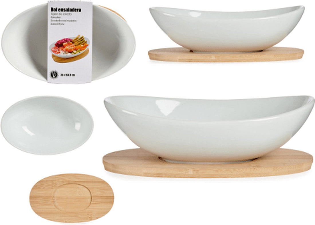 Oval porcelain salad bowl with bamboo base