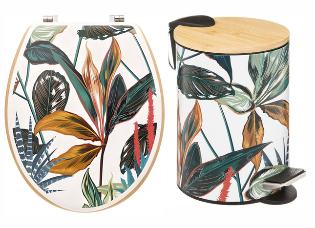 Toilet Seat & Waste Bin Set – Tropical Leaves Design – Bamboo Pedal Bin 3L + MDF Toilet Lid – Bathroom Accessories