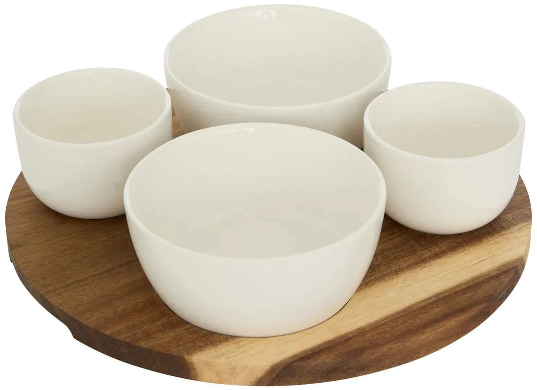 5Five Acacia Wood Serving Board - with 4x luxury bowls - D26 cm - tapas and sauce bowls - mix of white colors - appetizer platter