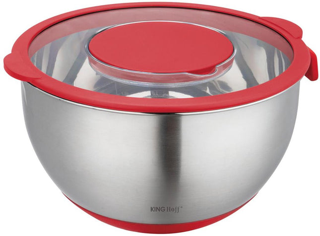 RVS Mengkom met Deksel – Multifunctioneel (5L, Rood) – Inclusief 3 Raspstanden, Maatverdeling en Antislip Rand – Voor Mengen, Raspen en Opslaan