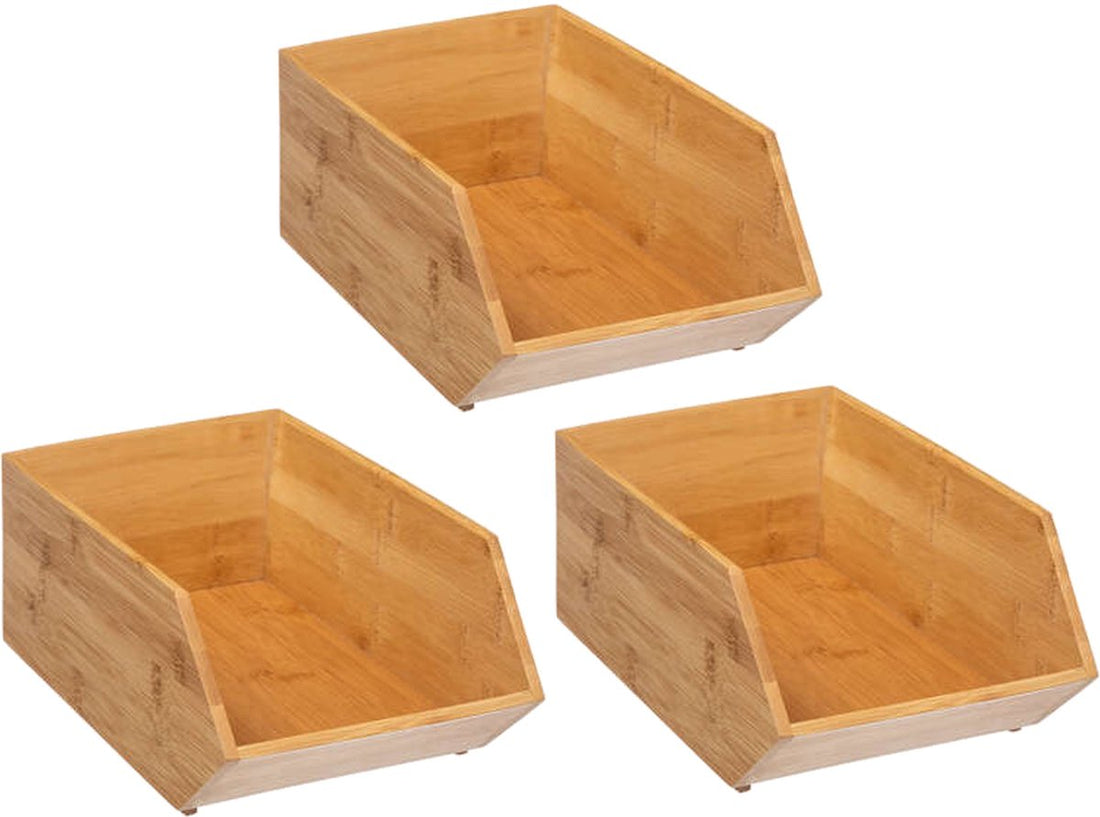 5Five Stackable storage basket 1-compartment organizer - 3x - L18 x W31 x H12 cm - bamboo wood - light brown