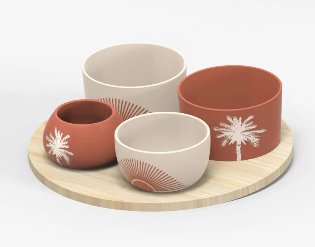 5Five acacia wood serving board - with 4x luxury bowls - D26 cm - tapas and sauce bowls - mix of terra/white colors - appetizer platter