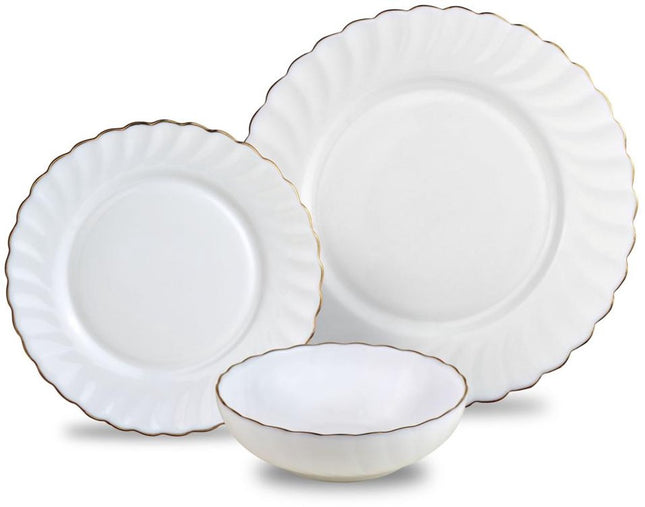 KINGHOFF Geschirrset MARIGOLD - 18-teilig - Weiß mit Goldrand - Opalglas - Speiseteller, Dessertteller & Suppenschalen - Set für 6 Personen